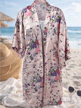 🌴🌸 Silky Floral Kimono – Swim Cover-Up / Beach Layer – Blush Pink